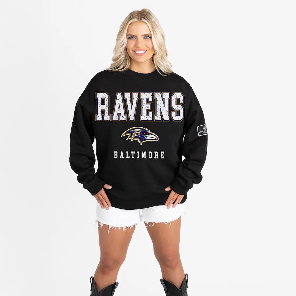 Women's Baltimore Ravens Gameday Couture Black Oversized Level Up Black Label Premium Fleece Sweatshirt(Run Sma